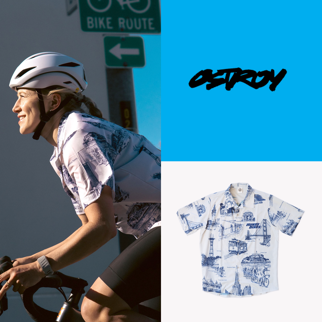 Mike's Bikes x Ostroy resort shirt featuring Bay Area-inspired artwork.